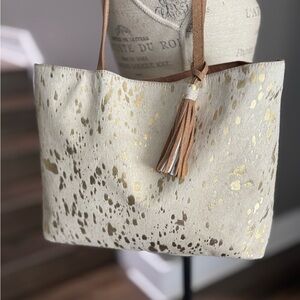 Chico’s Gold Metallic Splatter Haircalf Tote | Cream Leather Tassel Shoulder Bag